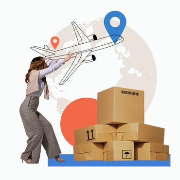 Woman interacting with a plane illustration and stacked delivery boxes symbolizing global shipping.