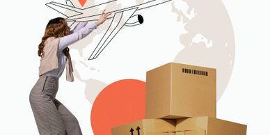 Woman interacting with a plane illustration and stacked delivery boxes symbolizing global shipping.