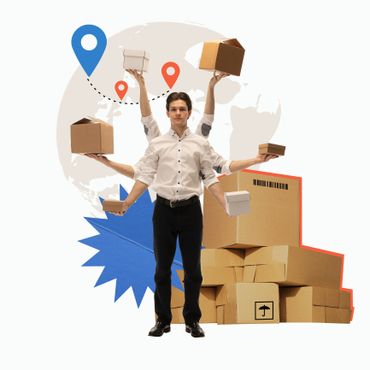 Man with multiple arms holding packages, symbolizing efficient logistics and delivery.