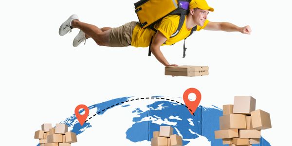 Delivery man flying over a world map with packages and location markers.