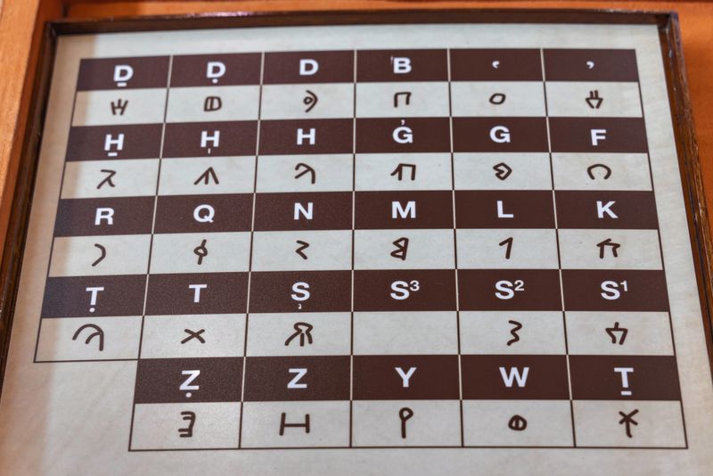 Middle East, Saudi Arabia, Medina, Al-Ula. Dadan. Dadanitic alphabet at the Dadan visitor center, site of an ancient kingdom.