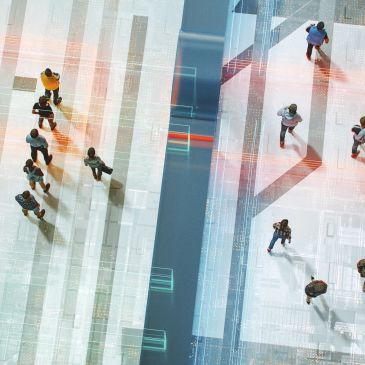 Top view of people walking with digital overlays.