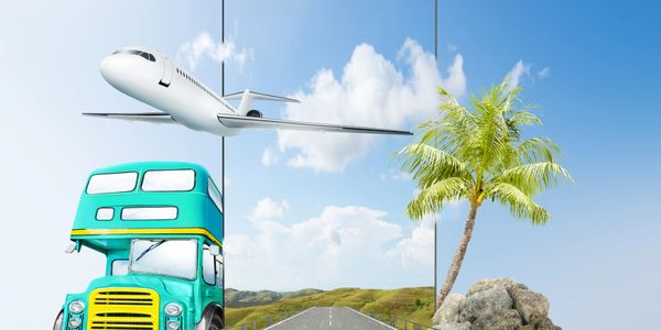 A double-decker bus, airplane, palm tree, and road against a blue sky.