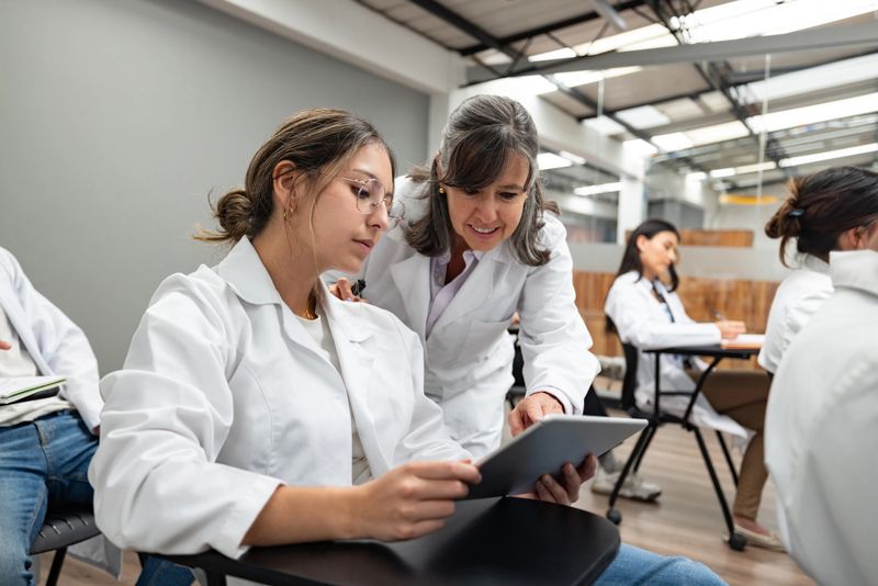 Latin American teacher helping a medical student in class and pointing at a digital tablet