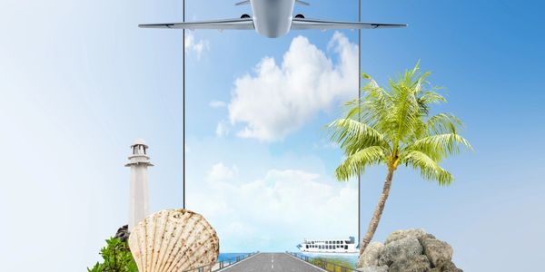 Surreal scene of a plane flying into a tropical portal framed by a lighthouse and palm tree.