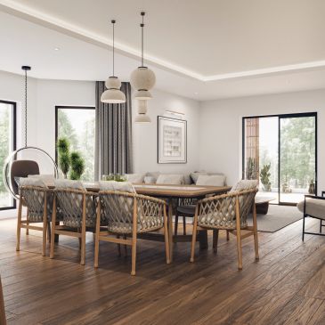 Modern dining room with wood furniture and pendant lights.