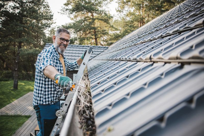 Man cleaning leaves from guttering of house