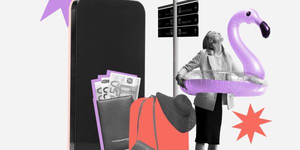 Woman with inflatable flamingo, passport, and money ready for travel.
