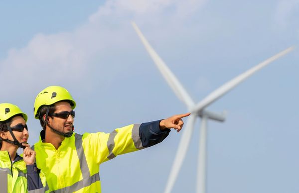 Two engineers in safety gear inspecting wind turbines outdoors.