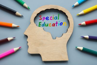 Wooden head silhouette with colorful 'Special Education' text inside, surrounded by colored pencils.