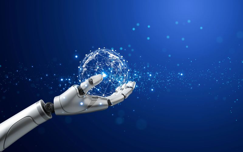 Futuristic 3d robot arm touching to virtual world with connection line for global networks and technology linkage concept.