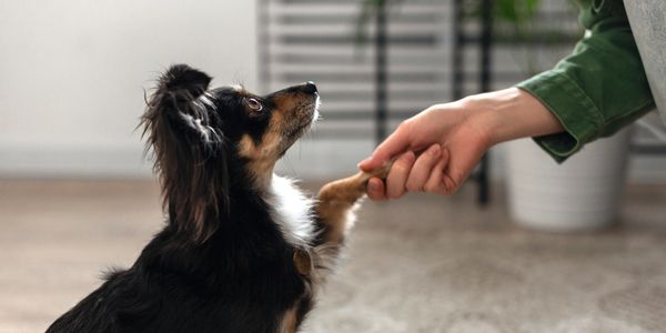 A dog shakes hands with a person indoors.