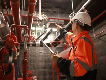 Worker inspecting industrial pipes and valves in a facility.
