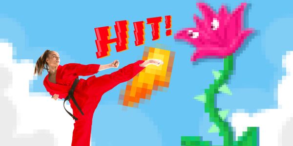 A martial artist kicks a pixelated flower with a 'HIT!' graphic.