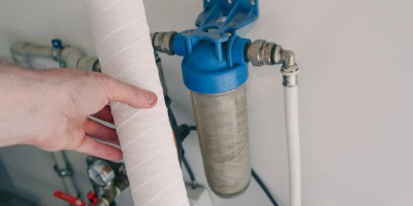 Hand holding a water filter cartridge near a water filtration system.