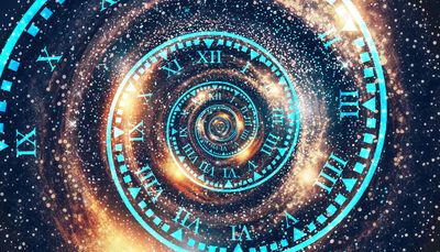 A glowing spiral of Roman numerals resembling a cosmic clock.