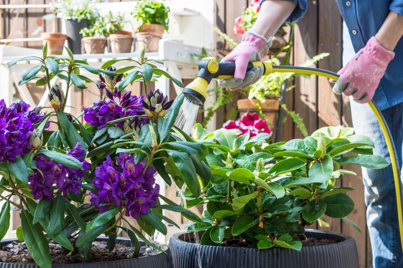 Vivid purple color rhododendrons in pots are watered with hosepipe in terrace, purple rhododendrons under water drops outdoors, taking care about flowering rhododendrons, home gardening concept