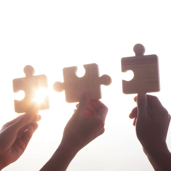 Hands holding wooden puzzle pieces against bright sunlight.