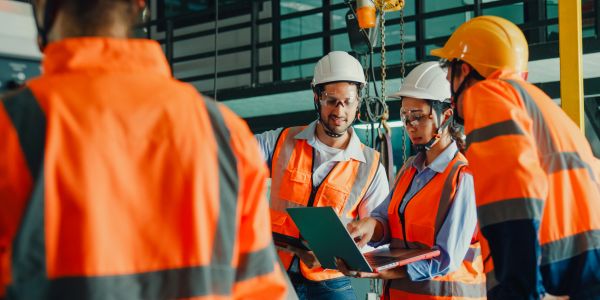 Construction workers discussing a project with a laptop.