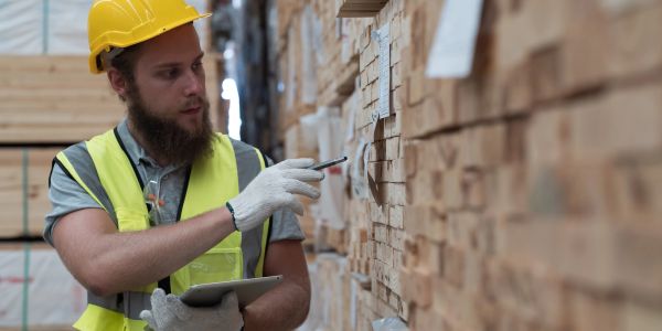Worker inspecting and pointing at stacked wooden planks.