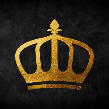 A golden crown symbol on a dark textured background.