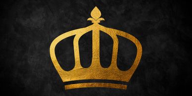 A golden crown symbol on a dark textured background.