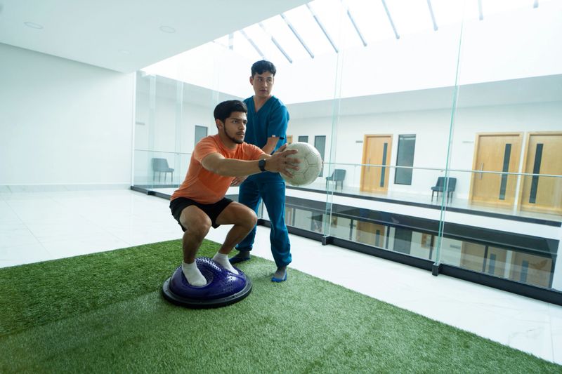 With encouragement and motivation, the physical therapist engages the patient in various exercises, fostering active participation and empowering him to take control of his rehabilitation journey.
