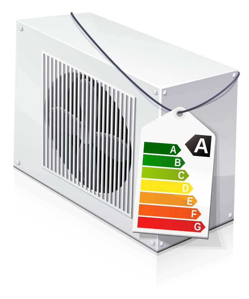 Heat pump isolated in the middle of a white background on which is placed a category A energy label