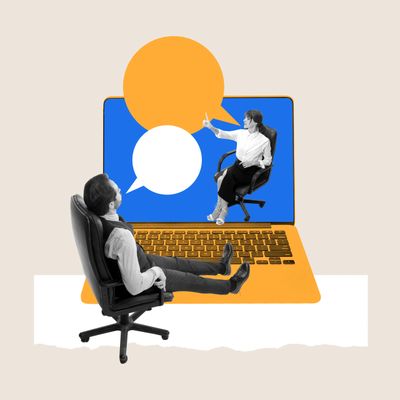 Two people having a virtual conversation through a laptop screen with speech bubbles.