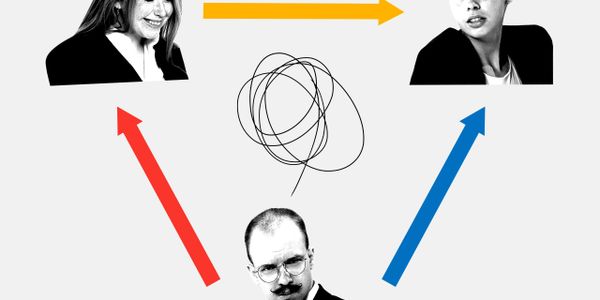 Three people connected by colorful arrows and a scribble, illustrating complex communication.