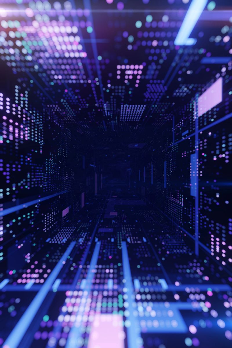 Data Streaming concept. Digital tunnel made with an abstract particles, neon coloured