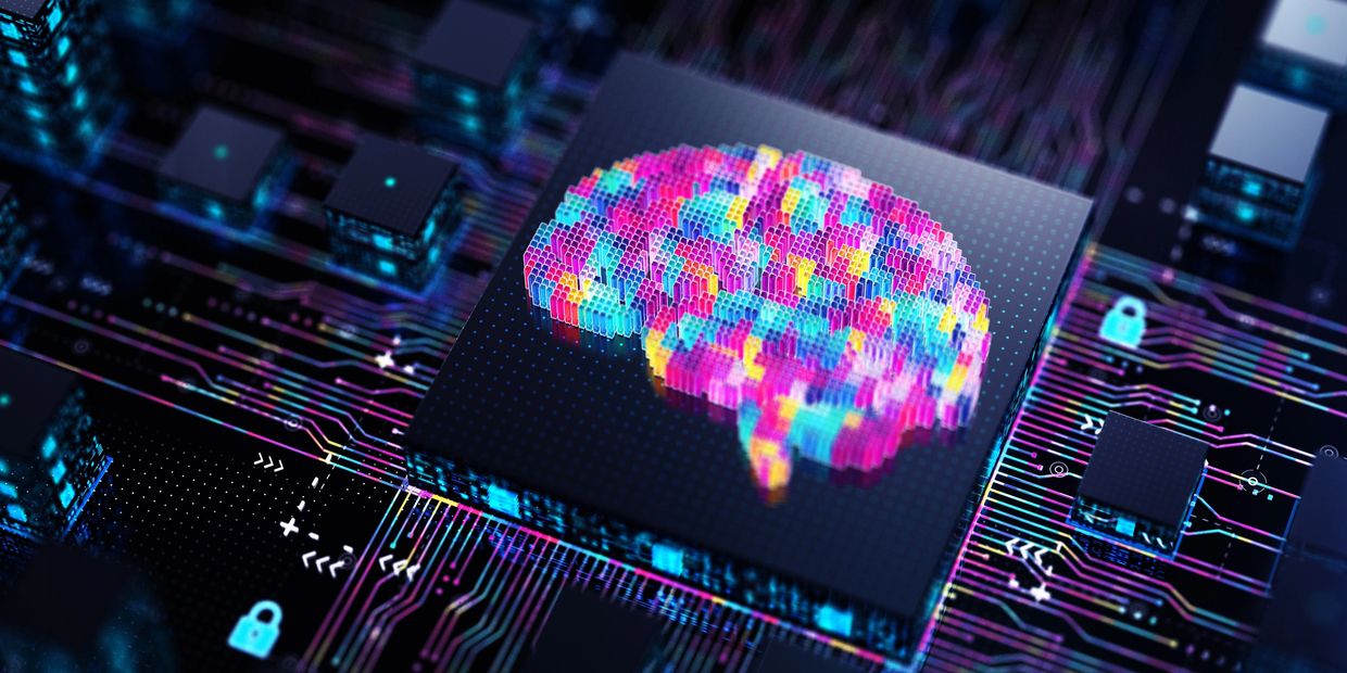 Colorful digital brain on a microchip representing AI and neural networks.