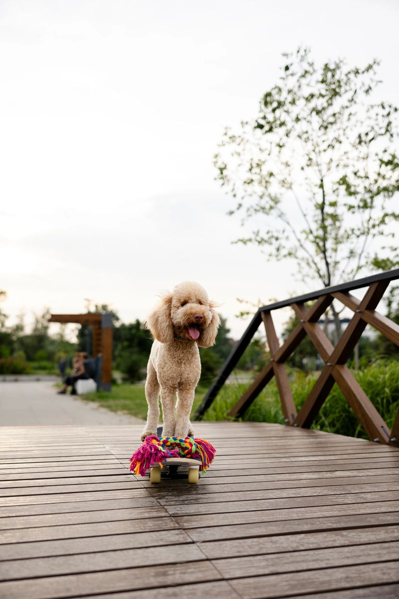Red poodle standing on skateboard at park