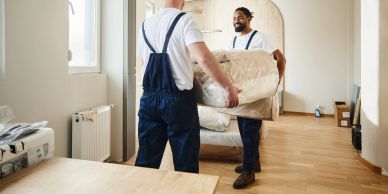 Two movers carrying a wrapped sofa across a room.