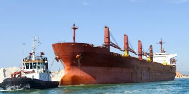Large cargo ship docked with a tugboat beside it.