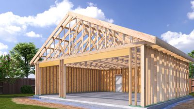 Wooden frame of a house under construction on a sunny day.