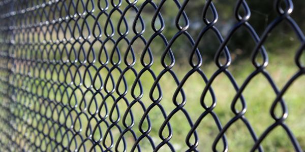 Close-up of a chain-link metal fence with a blurred green background.