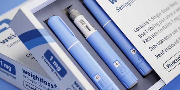Box and pen injector of GLP-1 medication for weight loss treatment.