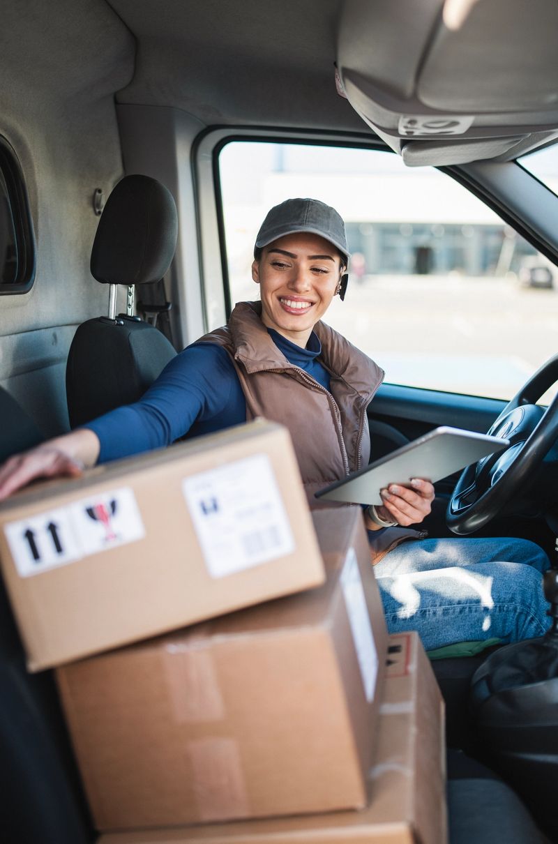 Female courier standing by shipping van checking the parcel for delivery. Woman looking at the delivery address of the parcel in van.