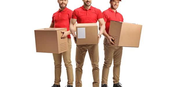 Three delivery men in red uniforms holding cardboard boxes.