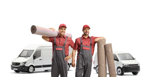 Two carpet installers in uniforms with rolls of carpet and vans in the background.