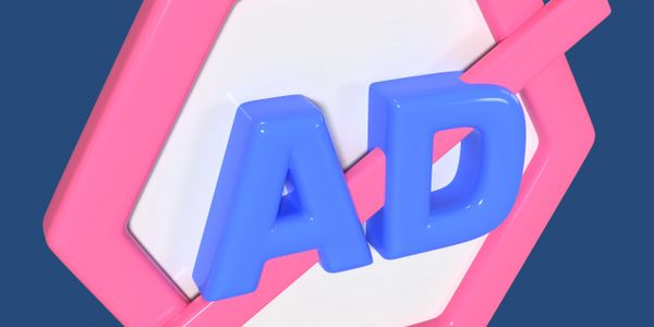 3D letters 'AD' in blue on a pink and white hexagonal background.
