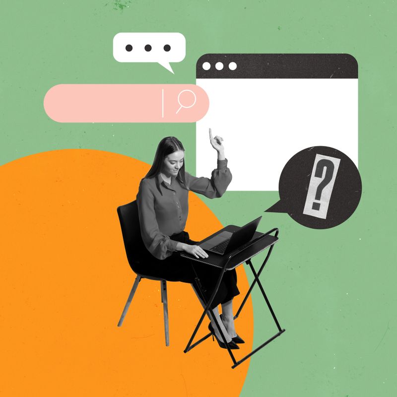 Young woman working online via laptop, communicating with customers, giving consultation. Contemporary art collage. Concept of customer service, support, business, online services