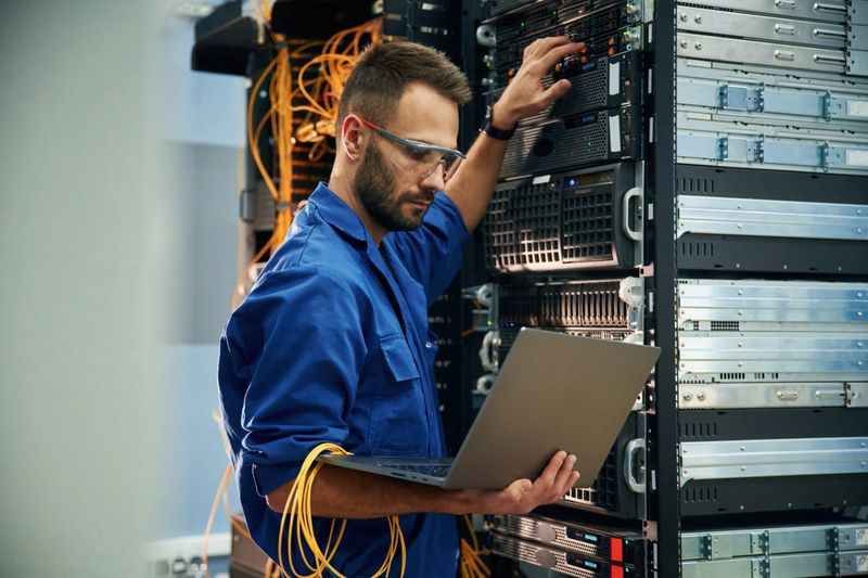 Using the laptop. Young man is working with internet equipment and wires in server room.