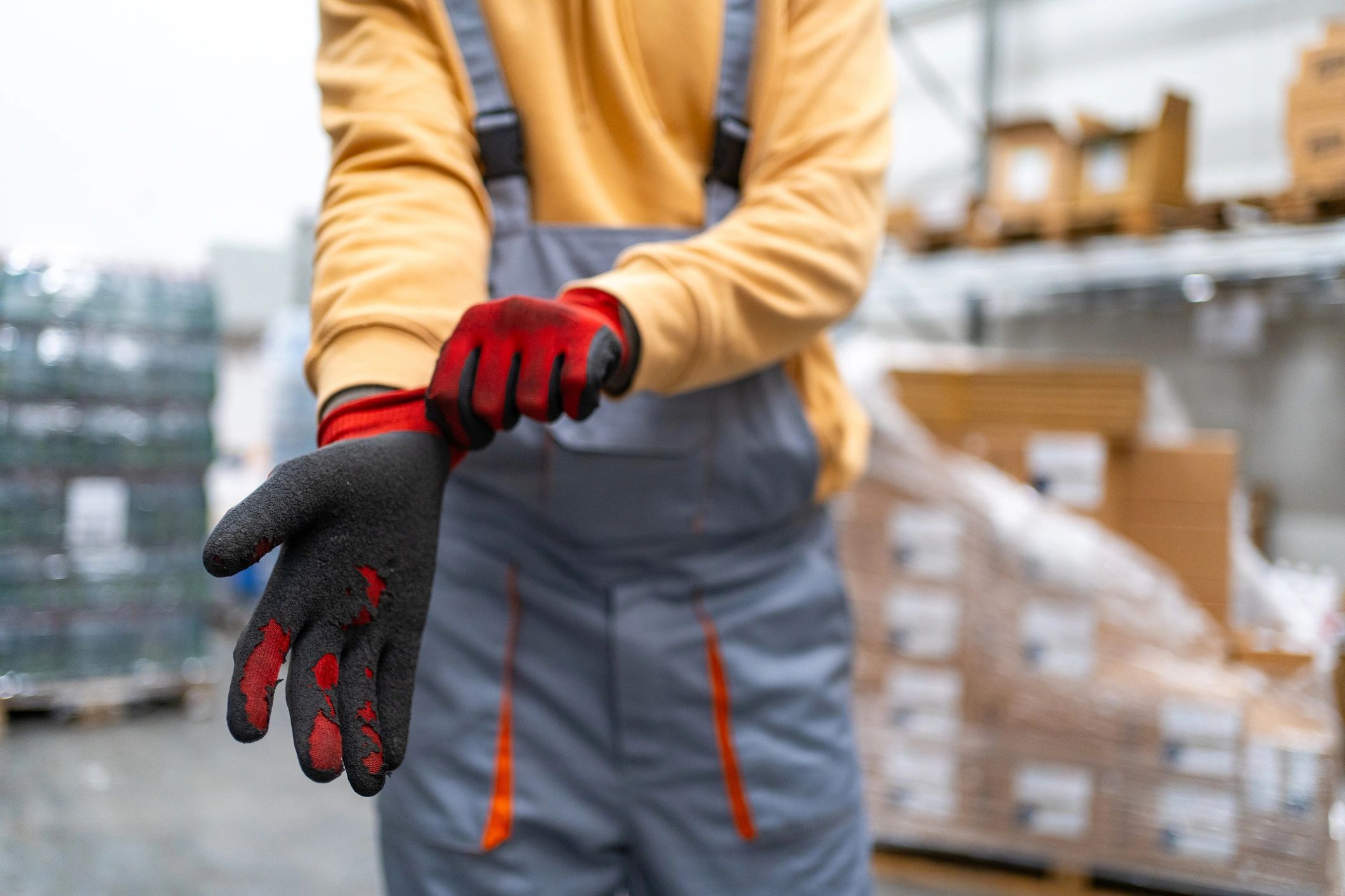 Worker putting on black and red protective gloves.