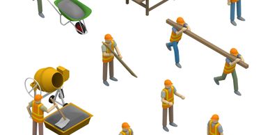Isometric construction workers performing various tasks with tools and equipment.