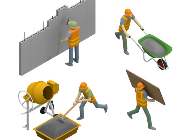 Construction workers performing various tasks like plastering, carrying, and mixing cement.