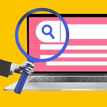 Magnifying glass zooms in on laptop search bar against yellow background.