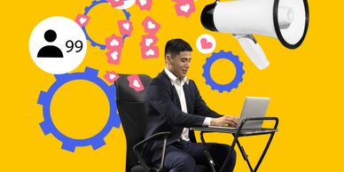 Man working on laptop with social media likes and followers icons around.