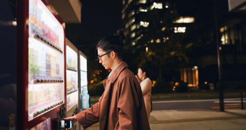 Vending machine, man and phone payment at night, automatic digital purchase or choice in city outdoor. Smartphone, shopping dispenser and Japanese business person on mobile technology in urban Tokyo